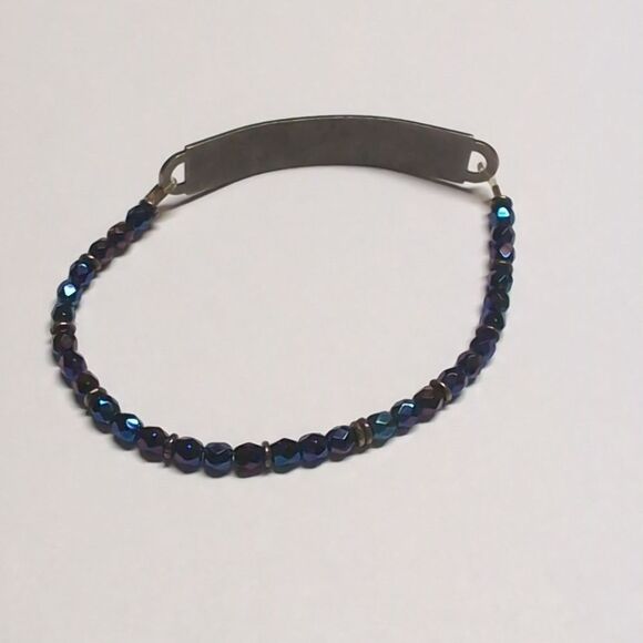 450 Iridescent Blue Beaded Silver Plate Engraved "you are loved" Tennis Bracelet - Picture 4 of 4